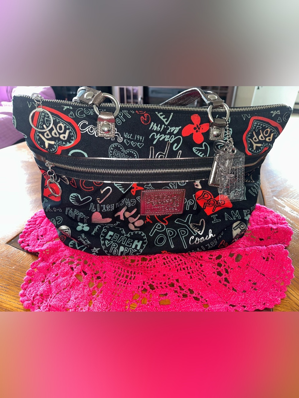 Coach Poppy Large Glam Tote Black and Red Graphic Graffiti Heart Bag